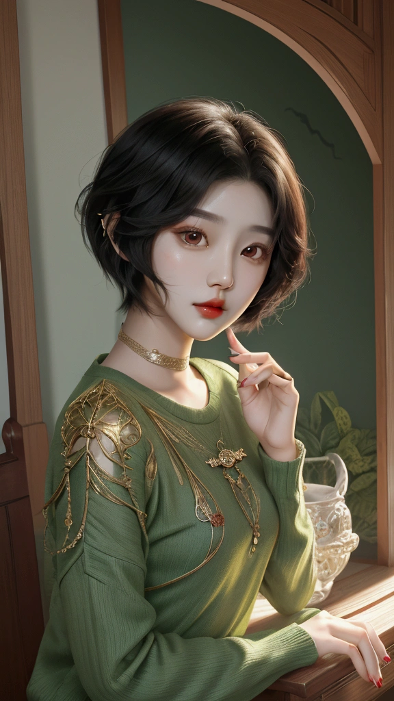 arafed asian woman with short hair and a green sweater, young adorable korean face, portrait of female korean idol, beautiful young korean woman, cute korean actress, with short hair, female actress from korea, gorgeous young korean woman, young cute wan asian face, beautiful south korean woman, korean symmetrical face, girl cute-fine-face, korean girl, korean woman
