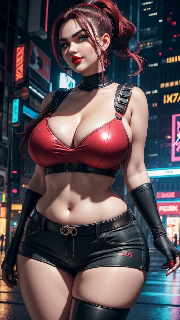 (masterpiece, best quality, expressive eyes, perfect face, hyperrealistic detailed face), Ultra HD, 4K, HDR, (8K), 3D cyberpunk street, gaming hubs, neon cyberpunk theme, night, futuristic, (1024K), reflections, glass, mirrors, RTX 4090 ti, ray tracing, high octane render, (Doll in cyberpunk streets, gorgeous), (curvy), 0, confident smirk, wearing shorts, ((high ponytail)), (((red lips))), ((anime like eyes)), ((thick eyelashes)), ((raised arrogant eyebrows)), ((heavy makeup)), pink cheeks, long red nails, perfect body, (wide hips, wide waist), (curvaceous figure), sweaty skin, (youthful skin), pale white skin