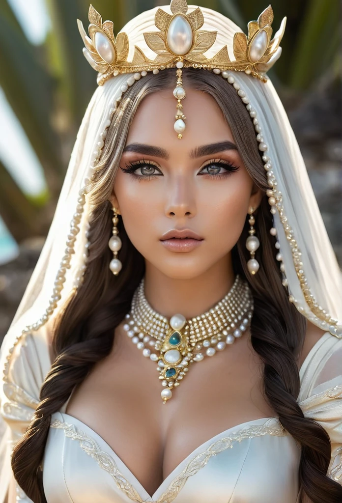 Extremely detailed, women, elven, Pakistani women, beautiful body, wearing traditional (navy blue and golden), beautiful enormous size breast, beautiful face,  extremely detailed greenish gray eyes, sexy look, light pink lips, making pout, golden brown 