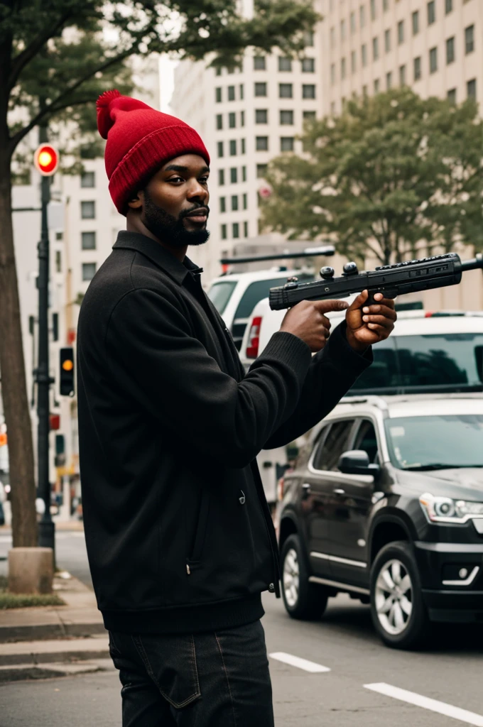 A tall black man with a red beanie, shooting white people across the street