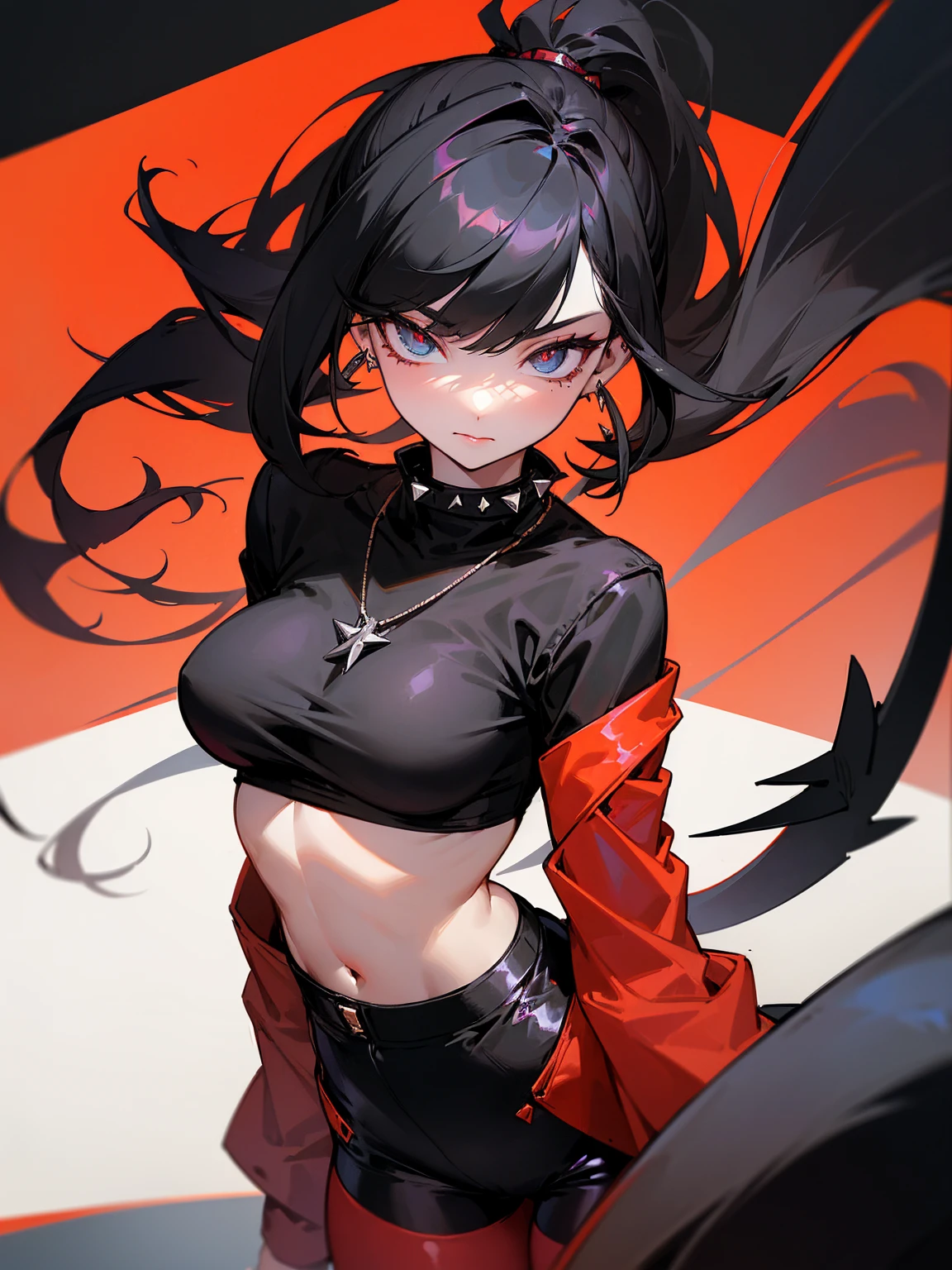 ((Long Straight Black hair)), Perfect face, Choker, Punk earrings, ((Tall)), ((High Quality)), Necklace, ((Mature)), Pretty Eyes, Sharp Nails, Bangs, ((1 Girl)), ((Multiple Earrings)), 1 girl, Spiky Earrings, Adult, Spiked Collar, Thin Eyelashes, Black Background, Red Colors in Background, Vampire Girl, Long Tail, Large Tail, Shark Tail, ((Hot Pants)), ((Long Sleeve Crop Top)), Close Up, Tall, Long Legs, Dynamic Pose, Black Tail, 2 moles under left eye, Pantyhose, Vibrant Colors, Close Up, Sexy, Suggestive, Sexually Suggestive, Thick, Thick Body, Skinny, Black Thigh Highs, Teasing, Ponytail, Slender Body, Stylish,