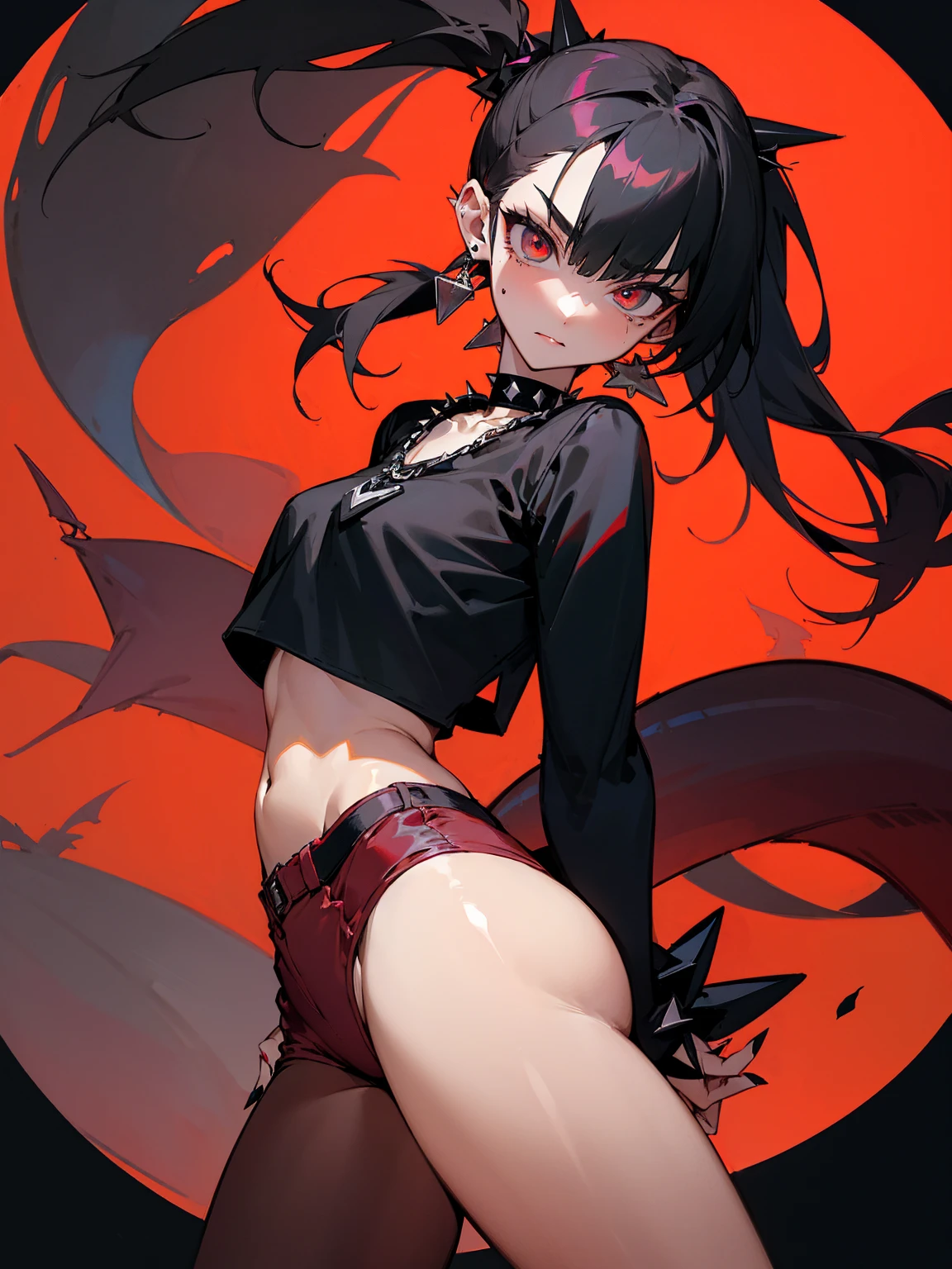 ((Long Straight Black hair)), Perfect face, Choker, Punk earrings, ((Tall)), ((High Quality)), Necklace, ((Mature)), Pretty Eyes, Sharp Nails, Bangs, ((1 Girl)), ((Multiple Earrings)), 1 girl, Spiky Earrings, Adult, Spiked Collar, Thin Eyelashes, Black Background, Red Colors in Background, Vampire Girl, Long Tail, Large Tail, Shark Tail, ((Hot Pants)), ((Long Sleeve Crop Top)), Close Up, Tall, Long Legs, Dynamic Pose, Black Tail, 2 moles under left eye, Pantyhose, Vibrant Colors, Close Up, Sexy, Suggestive, Sexually Suggestive, Thick, Thick Body, Skinny, Black Thigh Highs, Teasing, Ponytail, Slender Body, Stylish,