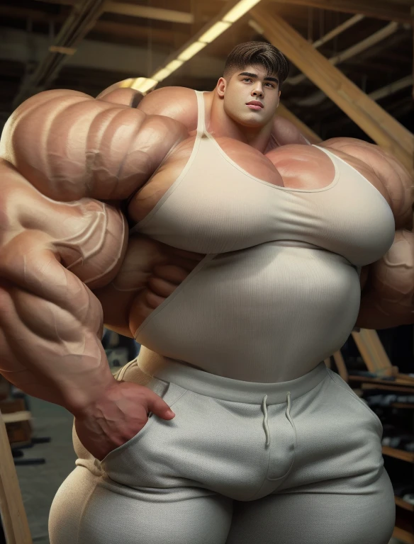 1boy, giant, giant bodybuilder, stand, illuminating light, strong body, bulk, large size, staring, standing, armpit, in the whiet photo studio, white singlet and chino pants, prominent bulge, extraordinary big, brutalmass, giant, muscular body, bulk, buff, massive body, large meaty body size, extremely wide body