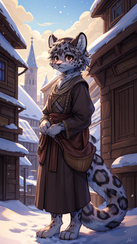 (very detailed illustration: 1.2), best quality, masterpiece, solo, natural lighting, An young anthro female snow leopard with brown eyes, she has snow leopard fur un all her body, she is dressed in peasant clothes, she is in a medieval city.