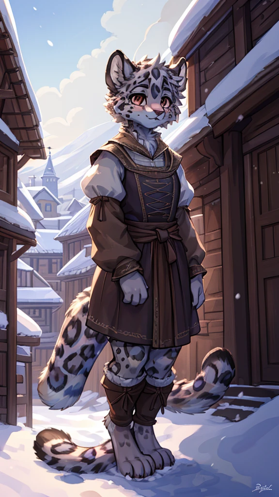 (very detailed illustration: 1.2), best quality, masterpiece, solo, natural lighting, An young anthro female snow leopard with brown eyes, she has snow leopard fur un all her body, she is dressed in peasant clothes, she is in a medieval city.