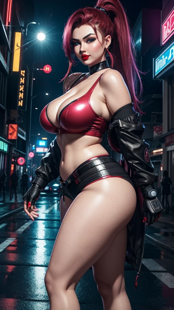 (masterpiece, best quality, expressive eyes, perfect face, hyperrealistic detailed face), Ultra HD, 4K, HDR, (8K), 3D cyberpunk street, gaming hubs, neon cyberpunk theme, night, futuristic, (1024K), reflections, glass, mirrors, RTX 4090 ti, ray tracing, high octane render, (Doll in cyberpunk streets, gorgeous), (curvy), age 20, confident smirk, wearing shorts, ((high ponytail)), (((red lips))), ((anime like eyes)), ((thick eyelashes)), ((raised arrogant eyebrows)), ((heavy makeup)), pink cheeks, long red nails, perfect body, (wide hips, wide waist), (curvaceous figure), sweaty skin, (youthful skin), pale white skin