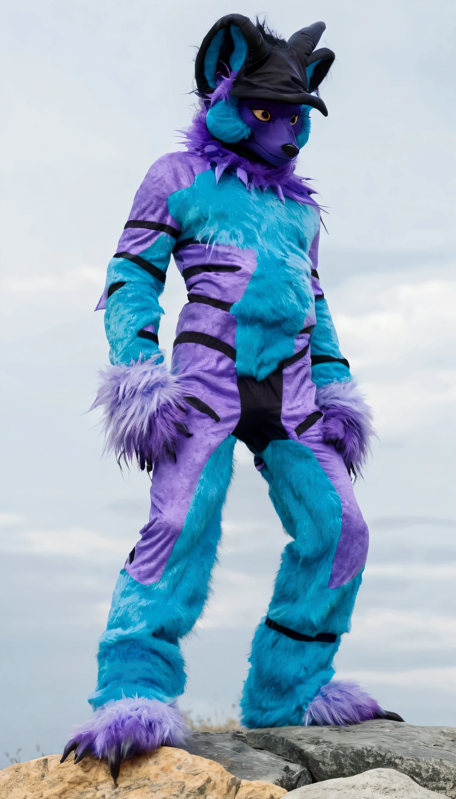 a close-up of a person in a furry costume on a rock, blue and purple fur, Fursuit, Full body with costume, furry character, Full body mascot, furry body, Fursuit!!!!, furry friendly monster, generic furry style, Dream Creature Costumes, the furry Fursuit is running, anthropomorphic character, Full body art, fantastic non-human character, purple alien