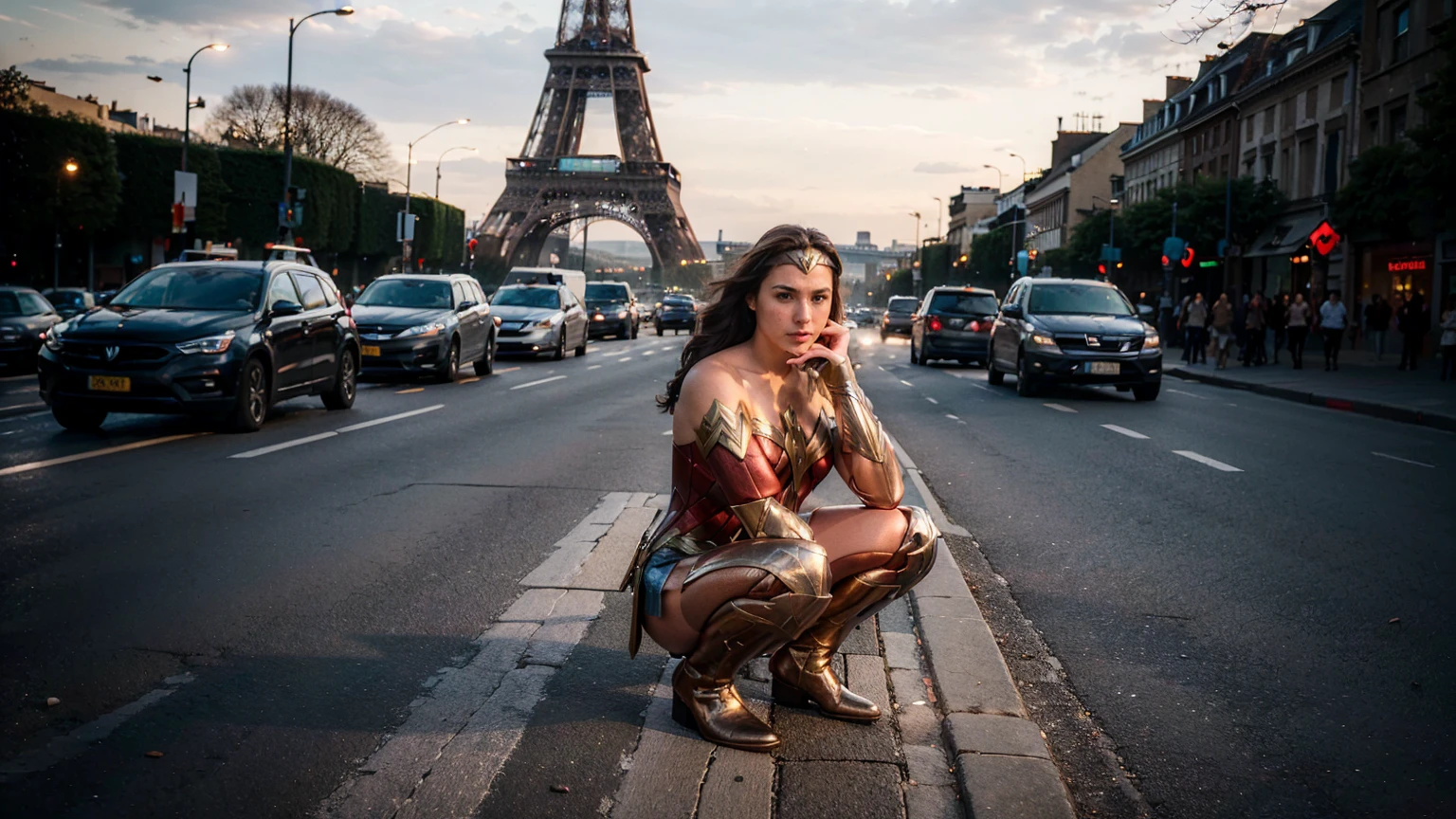 ((masterpiece), (solo character), (photorealistic:1.4), ),(best quality), (epiCRealLife), (g4lg), (wonder woman bra top), (g4lg show abs), (g4lg show cleavages), (Gal Godot in wonder woman costume), (lora:epiCFlashPhoto),(flashphoto), (flash photography) (look at viewers), (outdoor), (Eifel Tower), (night time), (city night lights), (street view), (sitting on bench), (squatting poses)
