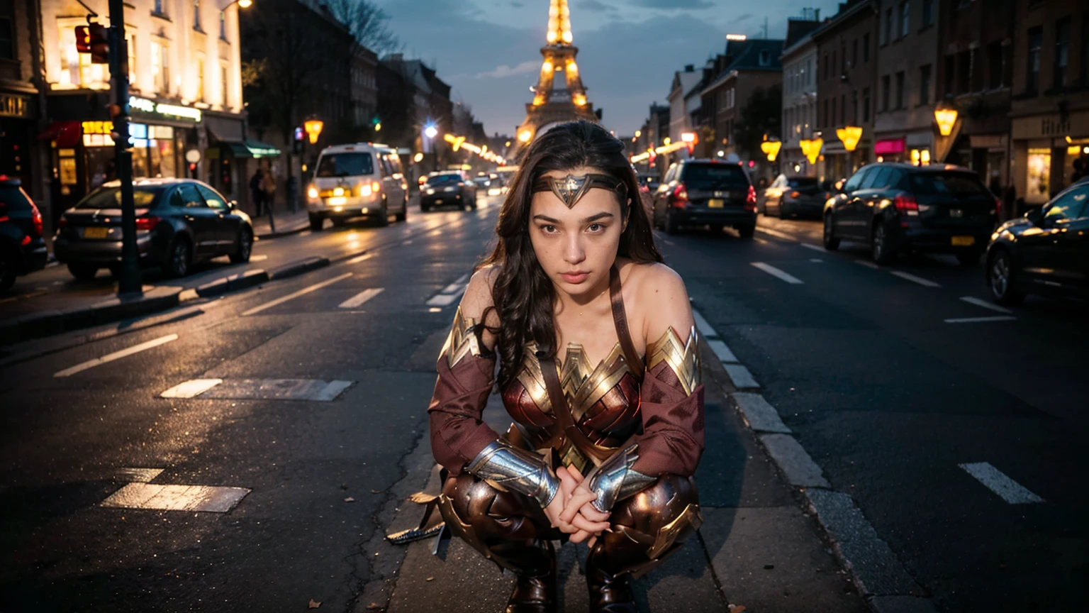 ((masterpiece), (solo character), (photorealistic:1.4), ),(best quality), (epiCRealLife), (g4lg), (wonder woman bra top), (g4lg show abs), (g4lg show cleavages), (Gal Godot in wonder woman costume), (lora:epiCFlashPhoto),(flashphoto), (flash photography) (look at viewers), (outdoor), (Eifel Tower), (night time), (city night lights), (street view), (sitting on bench), (squatting poses)