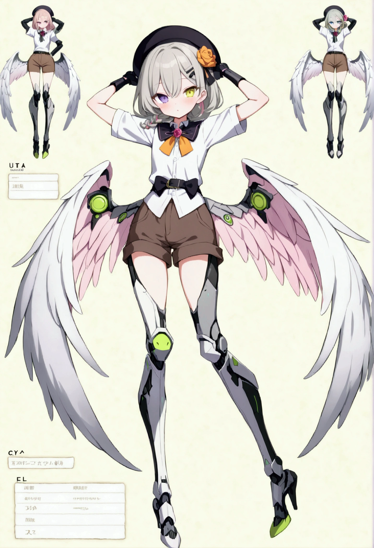 woman 165cm tall, (whole body: 1.5), slim build, , charming look, ((heterocromia: ojo right naranja y ojo izquierdo violeta)), (Shoulder Length Wavy Gray Hair, short braid on the left side of the hair: 1.2, big open bangs, largo flequillo en el lado izquierdo y right del cabello sobre las mejillas , golden gear hairpin on the left side of the hair), (((complex mechanical legs up to the hip, The legs are black with gray parts and small pink details))), (((complex mechanical arms up to the elbows, The arms are black with gray parts and small pink details))), ((complex white mechanical angel wings with pastel green parts)), (elegant black French beret, orange rose ribbon on the beret: 1.2), (stylish white short sleeve on down shirt, dark brown shorts with straps from the waist, elegant black belt, small rose brooch on shirt collar, beautiful mechanical stilettos), (((full body character design sheet: vista 3/4))), ((Pastel yellow background)), extremely detailed hair, beautiful detailed clothing, extremely detailed arms, extremely detailed face, (Extremely detailed hands), perfect hands, beautiful detailed eyes, beautiful detailed lips, adorable, extremely detailed legs, (Best Quality, 8k, ultra resolution), ultra detailed, Exquisite and epic character art, (Focus on symmetry), (extremely detailed wings), (body position: standing, right, symmetrical), looking at the viewer, small face.