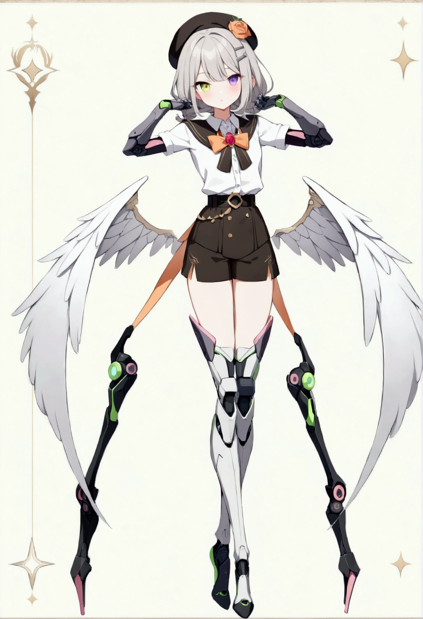 woman 165cm tall, (whole body: 1.5), slim build, , charming look, ((heterocromia: ojo right naranja y ojo izquierdo violeta)), (Shoulder Length Wavy Gray Hair, short braid on the left side of the hair: 1.2, big open bangs, largo flequillo en el lado izquierdo y right del cabello sobre las mejillas , golden gear hairpin on the left side of the hair), (((complex mechanical legs up to the hip, The legs are black with gray parts and small pink details))), (((complex mechanical arms up to the elbows, The arms are black with gray parts and small pink details))), ((complex white mechanical angel wings with pastel green parts)), (elegant black French beret, orange rose ribbon on the beret: 1.2), (stylish white short sleeve button down shirt, dark brown shorts with straps from the waist, elegant black belt, small rose brooch on shirt collar, beautiful mechanical stilettos), (((full body character design sheet: vista 3/4))), ((Pastel yellow background)), extremely detailed hair, beautiful detailed clothing, extremely detailed arms, extremely detailed face, (Extremely detailed hands), perfect hands, beautiful detailed eyes, beautiful detailed lips, adorable, extremely detailed legs, (Best Quality, 8k, ultra resolution), ultra detailed, Exquisite and epic character art, (Focus on symmetry), (extremely detailed wings), (body position: standing, right, symmetrical), looking at the viewer, small face.