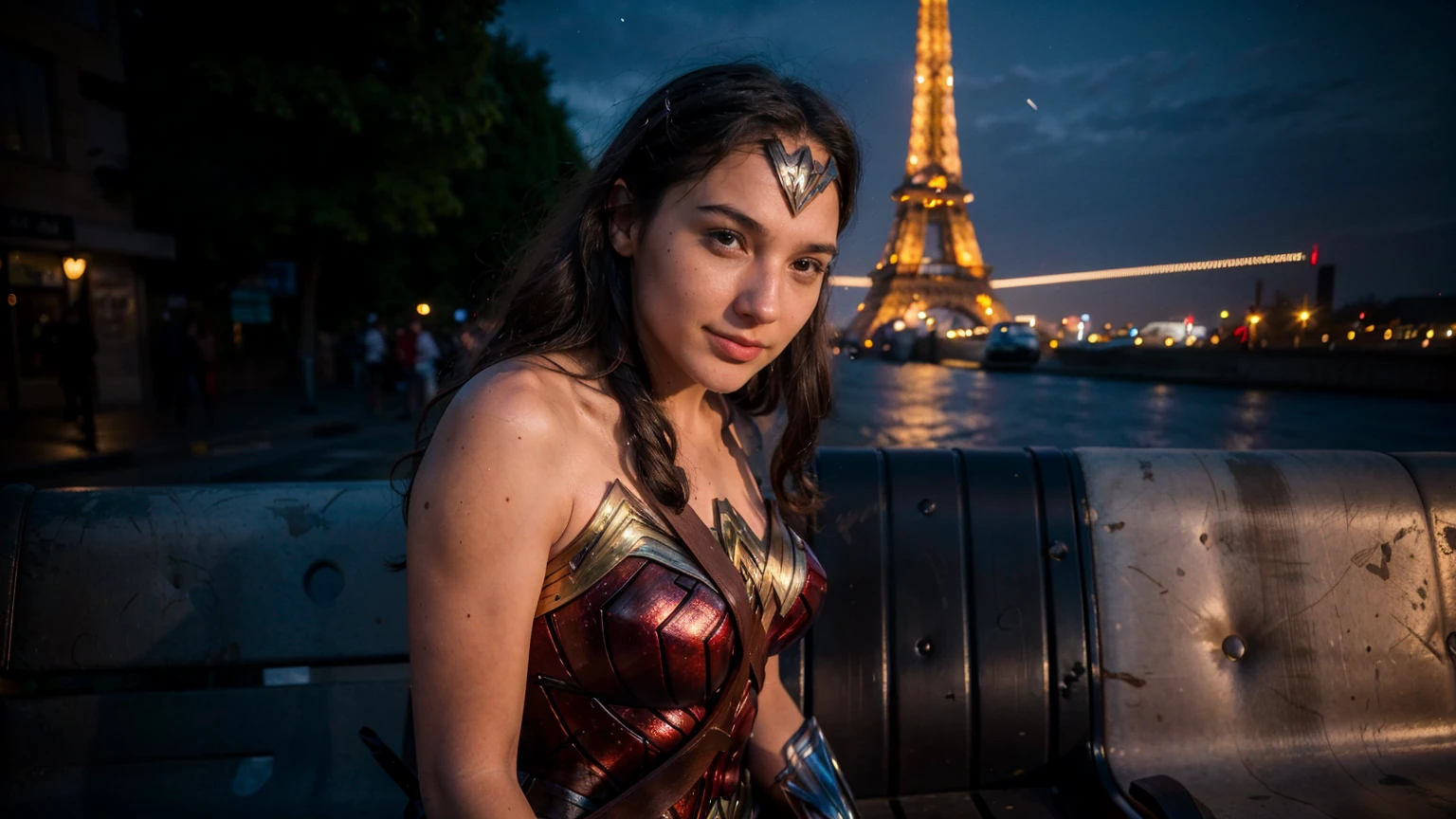 ((masterpiece), (solo character), (photorealistic:1.4), ),(best quality), (epiCRealLife), (g4lg), (wonder woman bra top), (g4lg show abs), (g4lg show cleavages), (Gal Godot in wonder woman costume), (lora:epiCFlashPhoto),(flashphoto), (flash photography) (look at viewers), (outdoor), (Eifel Tower), (night time), (city night lights), (street view), (sitting on bench), (close up), (smile a little), (face front), (from front)