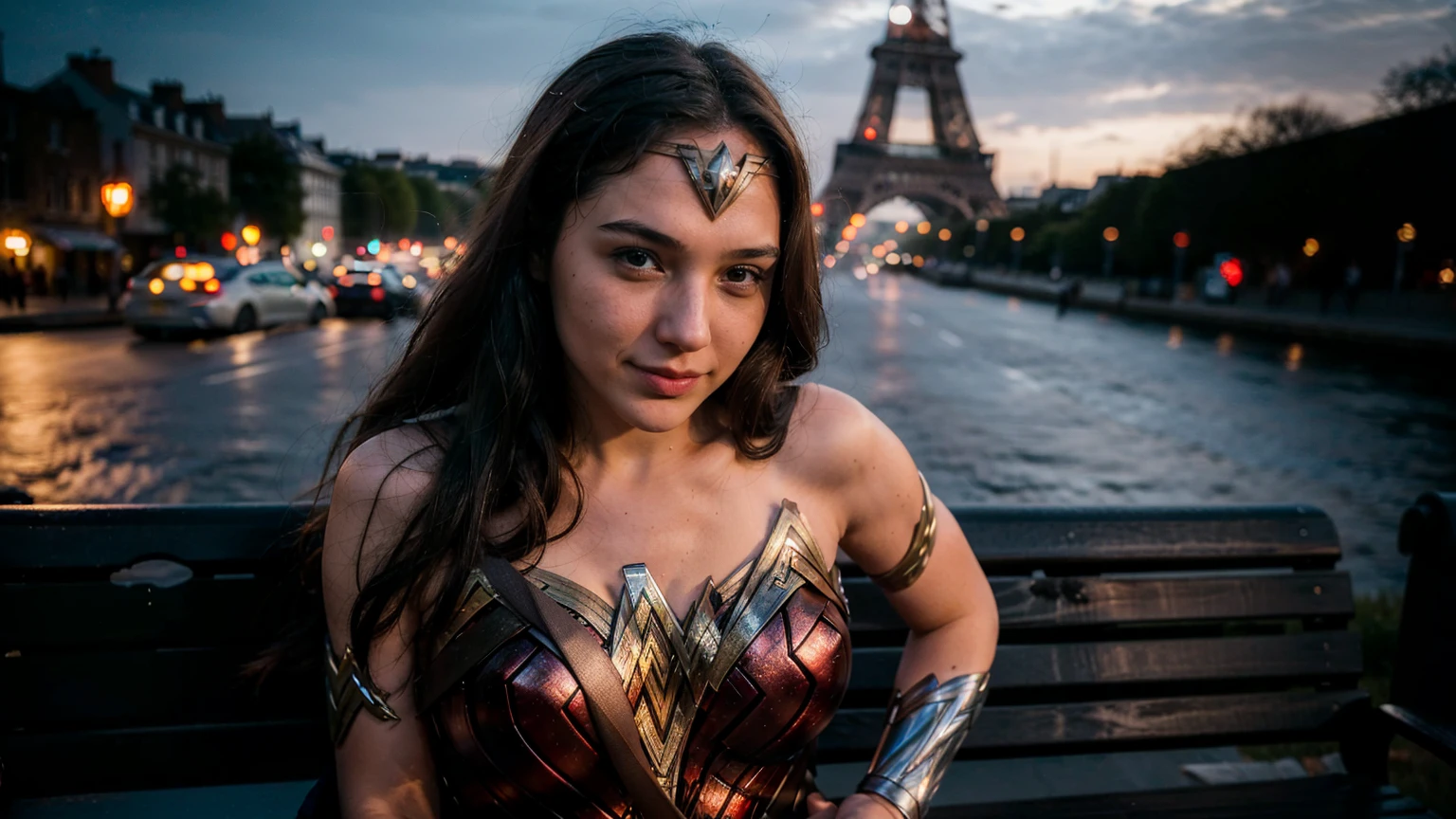 ((masterpiece), (solo character), (photorealistic:1.4), ),(best quality), (epiCRealLife), (g4lg), (wonder woman bra top), (g4lg show abs), (g4lg show cleavages), (Gal Godot in wonder woman costume), (lora:epiCFlashPhoto),(flashphoto), (flash photography) (look at viewers), (outdoor), (Eifel Tower), (night time), (city night lights), (street view), (sitting on bench), (close up), (smile a little), (face front), (from front)