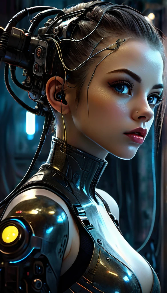 a cyborg girl, beautiful detailed eyes, beautiful detailed lips, extremely detailed face and eyes, intricate machinery and wiring, dark sci-fi cyberpunk setting, plugged into glowing machinery, overall gloomy and dystopian atmosphere, cinematic lighting and shadows, dramatic chiaroscuro, oil painted, detailed textures, high resolution, 8k, best quality, photorealistic, masterpiece