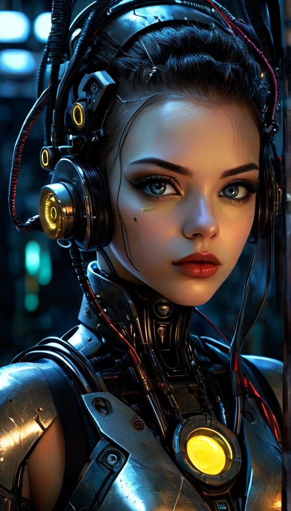 a cyborg girl, beautiful detailed eyes, beautiful detailed lips, extremely detailed face and eyes, intricate machinery and wiring, dark sci-fi cyberpunk setting, plugged into glowing machinery, overall gloomy and dystopian atmosphere, cinematic lighting and shadows, dramatic chiaroscuro, oil painted, detailed textures, high resolution, 8k, best quality, photorealistic, masterpiece