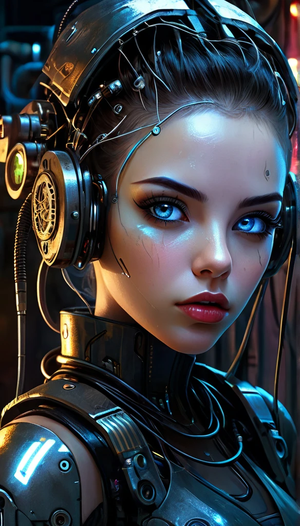 a cyborg girl, beautiful detailed eyes, beautiful detailed lips, extremely detailed face and eyes, intricate machinery and wiring, dark sci-fi cyberpunk setting, plugged into glowing machinery, overall gloomy and dystopian atmosphere, cinematic lighting and shadows, dramatic chiaroscuro, oil painted, detailed textures, high resolution, 8k, best quality, photorealistic, masterpiece