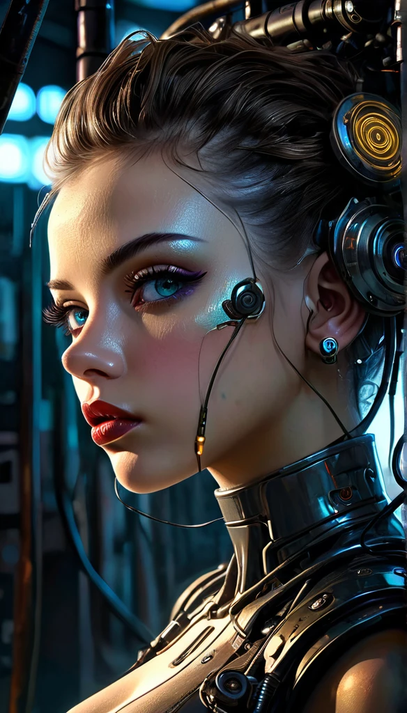 a cyborg girl, beautiful detailed eyes, beautiful detailed lips, extremely detailed face and eyes, intricate machinery and wiring, dark sci-fi cyberpunk setting, plugged into glowing machinery, overall gloomy and dystopian atmosphere, cinematic lighting and shadows, dramatic chiaroscuro, oil painted, detailed textures, high resolution, 8k, best quality, photorealistic, masterpiece