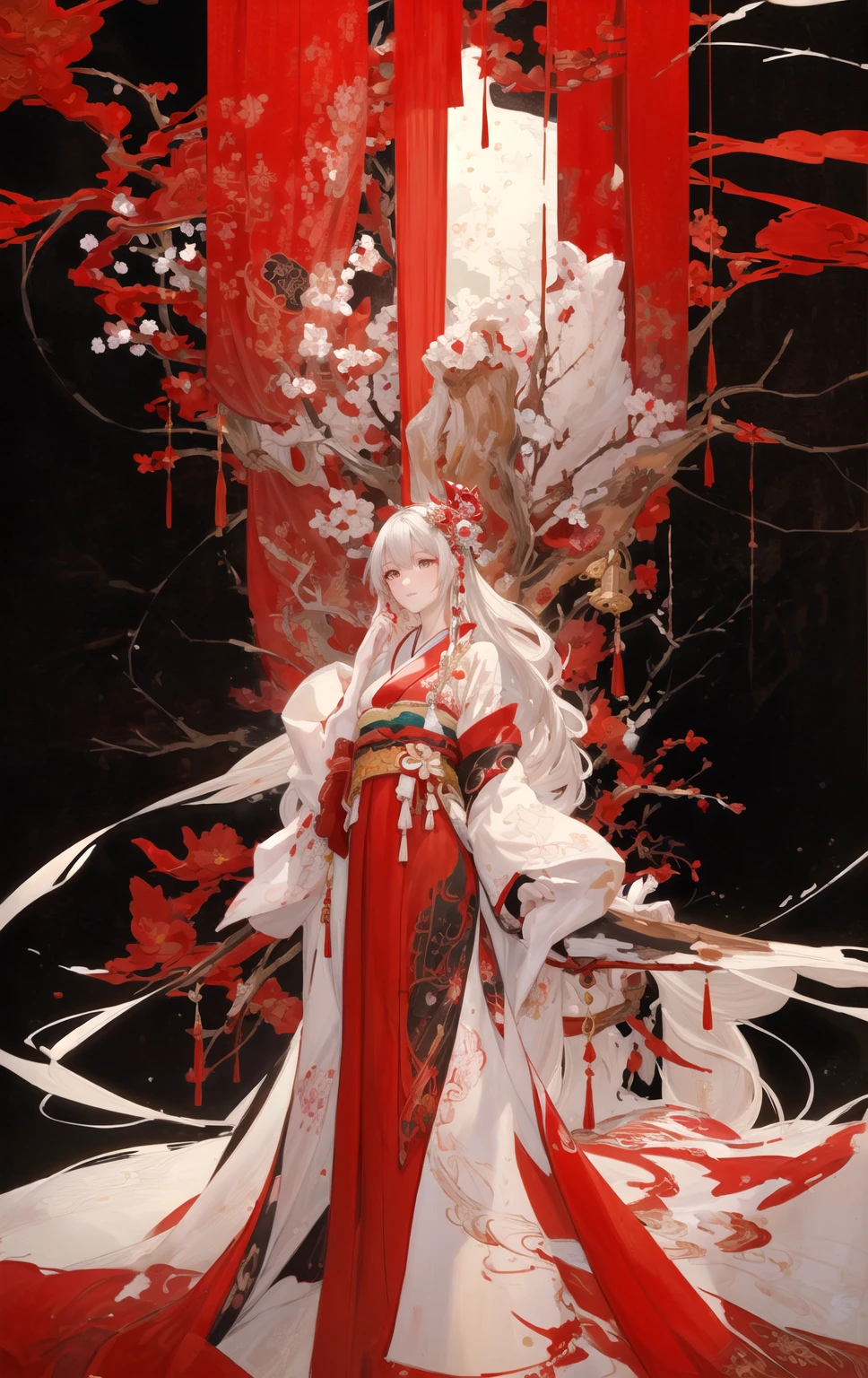 digital painting, anime-style, a beautiful young woman with long flowing white hair adorned with red flowers, wearing a traditional red and white kimono with intricate floral patterns, standing gracefully against a dramatic and ornate background filled with red and white floral motifs, vibrant and contrasting color scheme with dominant reds, detailed and elaborate designs, soft and ethereal lighting, serene and poised expression, high contrast, intricate details, elegant and captivating atmosphere, highly detailed, perfect lighting, vibrant colors, (masterpiece: 2), best quality, ultra highres, original, extremely detailed, perfect lighting
 