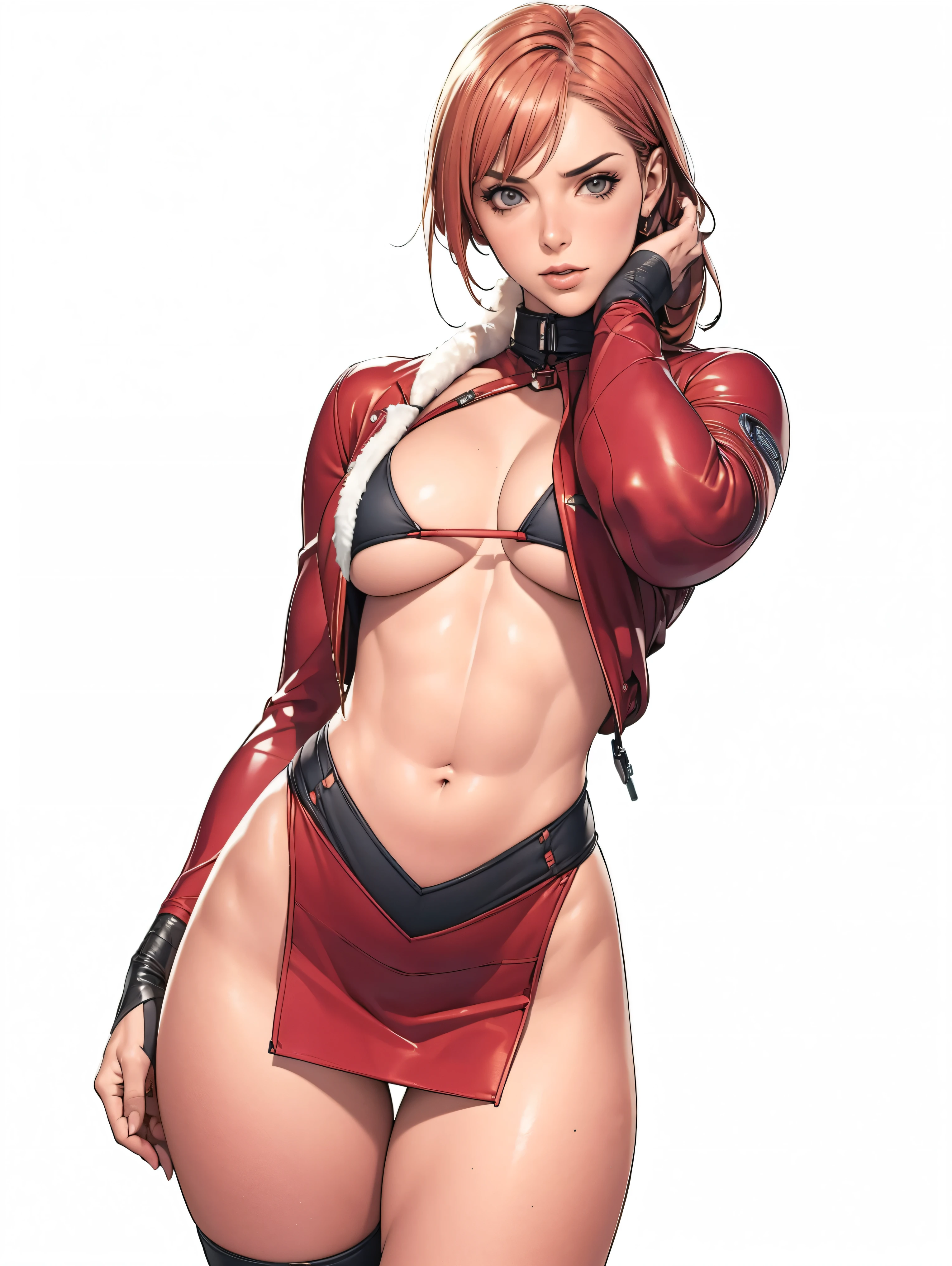 (((Annie Lennox))), (((copper color suit))), (scars), (((bandaged arms))), (((colorful clothes))) (( hood)), (((best qualityer: 1.4))), (Unbeatable masterpiece), (hiper HD),(CG 8k hyper-realistic), brave face, (((breasts big))), (((hyper feminine))), sexly girl, black tattoo,(ultra short red hair with white highlights)), ((( sculptural body ))), (((1 Kizi))), Kizi tatuada de 25 anos com perfectbody,,Beautiful and well-groomed face,muscular body:1.2,solid color detailed jacket, (Head to thigh photos), Complex equipment, copper,Tight clothes,With white stars and off-white stripes,,,,,Armor Metal Electronic Parts, Poison tattoos ) INFO, Kizi, (((standing alone))), pirralha violent, 24歳, sexy, pose de atitude, work of art, post-apocalypse, (((manga style))), bounty hunter, the way you want, perfect body, roupa moderna, advanced technology, Pleated mini skirt with checkered pattern in red and black, fur collar jacket, sleeves with vertical striped pattern, neutral background, (( cowboy shot )). intricate visual, narrow waist, (((wide hips))), wide hips, fit thighs, (thigh gap), background shows a futuristic airplane