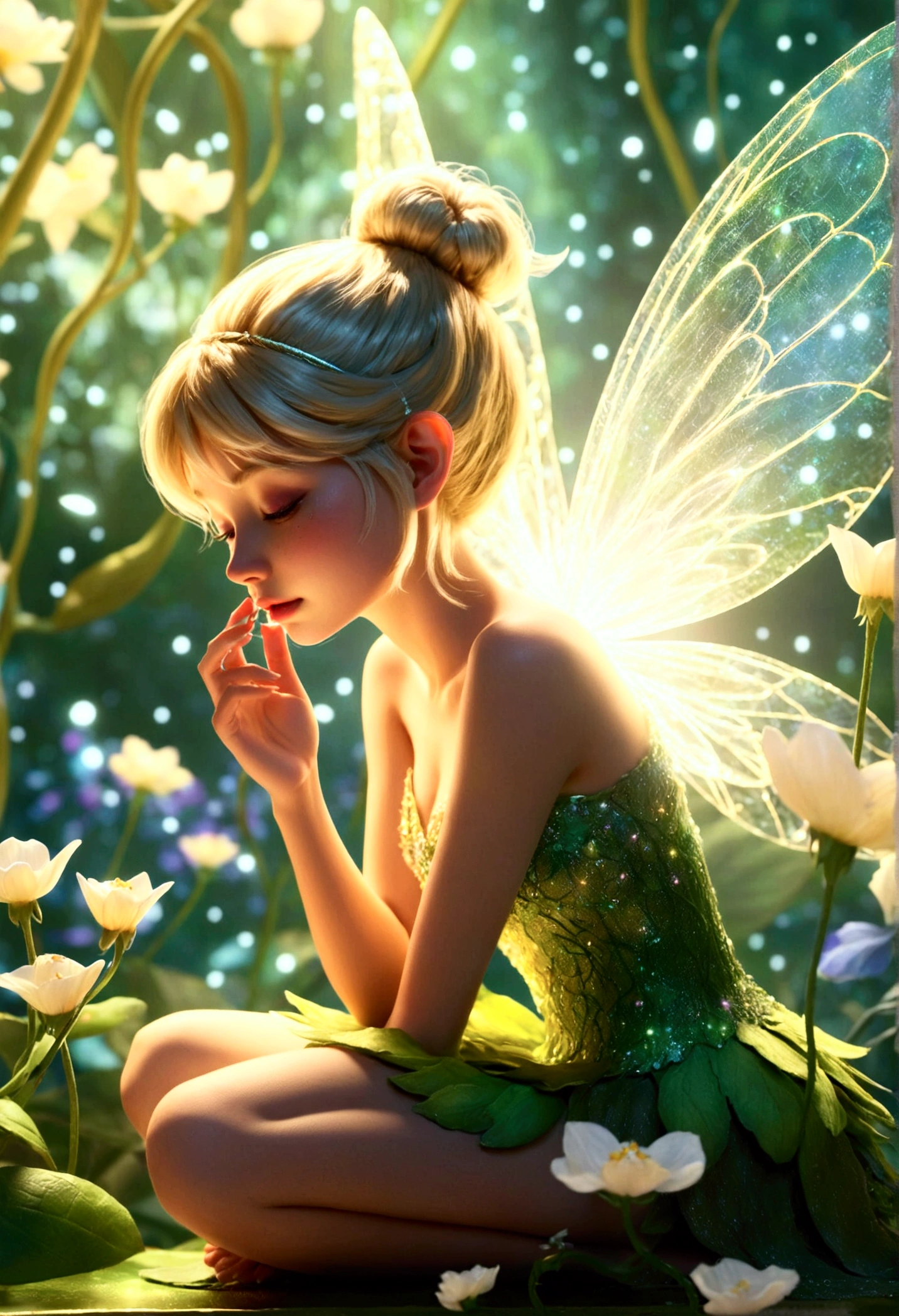 realistic fairy forest_Tinkerbell with her  sitting on a large flower petal, Tinkerbell made of gold and white transparent light_delicate features, Translucent luminous body, clear and pale skin , A variety of small flowers and plants made of light, Ultrafine particles shining in the air_Tinkerbell center close-up angle, A mysterious background where small particles of natural light emit light., ultra high resolution, 8k, Very detailed details, Product detailed image, surreal photo, the greatest masterpiece:1.2, Glowing white smoke spreading in the air, aura,