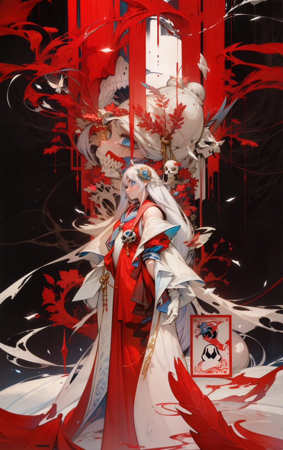 ((best quality)), ((official art)), ((masterpiece)), textile shading, ((ultra-detailed)), solo, full color, (1girl, solo, bssmsuperoutfit, circlet, white leotard,,blue sailor collar, sleeveless, heart brooch, miniskirt, white gloves, hairstyle, hairlength , detailed face, (full body:1.1)), (in nature) (best quality, highres, ice skull:1.1), ice skull, girl style, thick body art, detailed facial features, icy blue eyes, glossy lips, long eyelashes, porcelain skin, blue and silver color scheme, intricate skull design, realistic texture, vibrant colors, elaborate background, mysterious atmosphere, frozen garden, snow-covered trees, sparkling ice crystals, surreal lighting, fantasy elements
