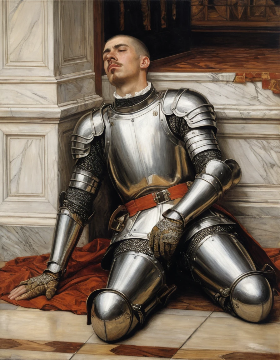 {Masterpiece, best quality, oil painting, male focus}, ((by James Tissot, John William Waterhouse, J. C. Leyendecker)), (((the portrait of a male knight, buzzcut, he is crying lying on the floor. He is tense, bored, sad, frustrated, blushing, sullen)))
