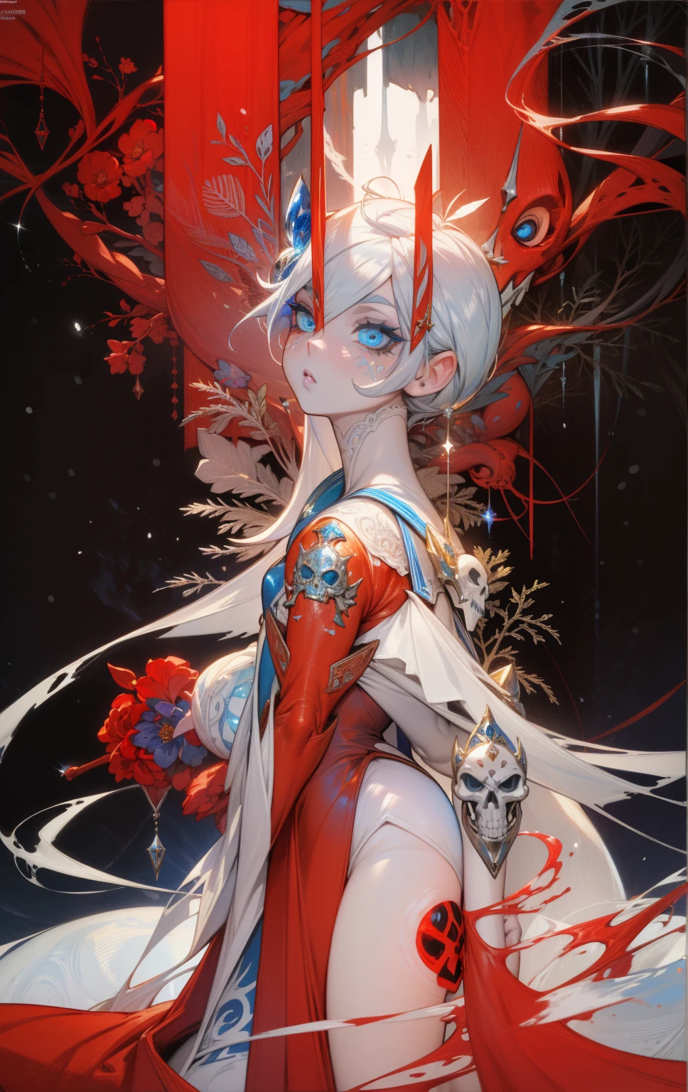 ((best quality)), ((official art)), ((masterpiece)), textile shading, ((ultra-detailed)), solo, full color, (1girl, solo, bssmsuperoutfit, circlet, white leotard,,blue sailor collar, sleeveless, heart brooch, miniskirt, white gloves, hairstyle, hairlength , detailed face, (full body:1.1)), (in nature) (best quality, highres, ice skull:1.1), ice skull, girl style, thick body art, detailed facial features, icy blue eyes, glossy lips, long eyelashes, porcelain skin, blue and silver color scheme, intricate skull design, realistic texture, vibrant colors, elaborate background, mysterious atmosphere, frozen garden, snow-covered trees, sparkling ice crystals, surreal lighting, fantasy elements