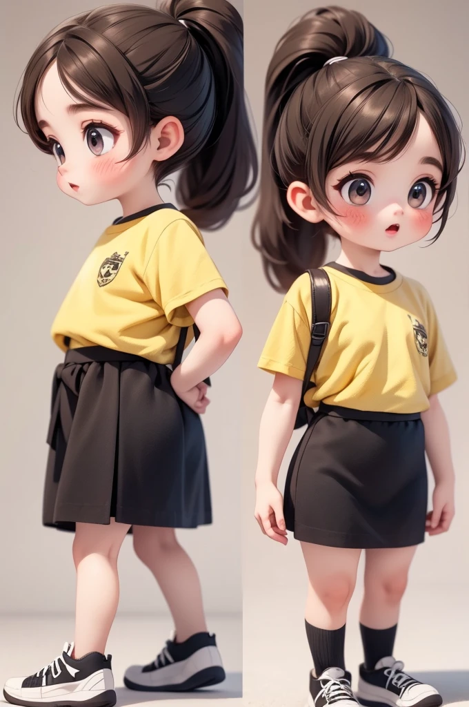 3D emoji, expression sheet, multiple poses and expressions, blind box, a cute and pretty  girl, brown long hair, brown eyes, wearing a white T-shirt, pop mart design,  chibi, full body, simple background, vivid color, studio lighting, atmospheric lighting, with exquisite texture, high detail, and high resolution, c4d, Blender, 8k, best quality, ultra high definition --auto --s2