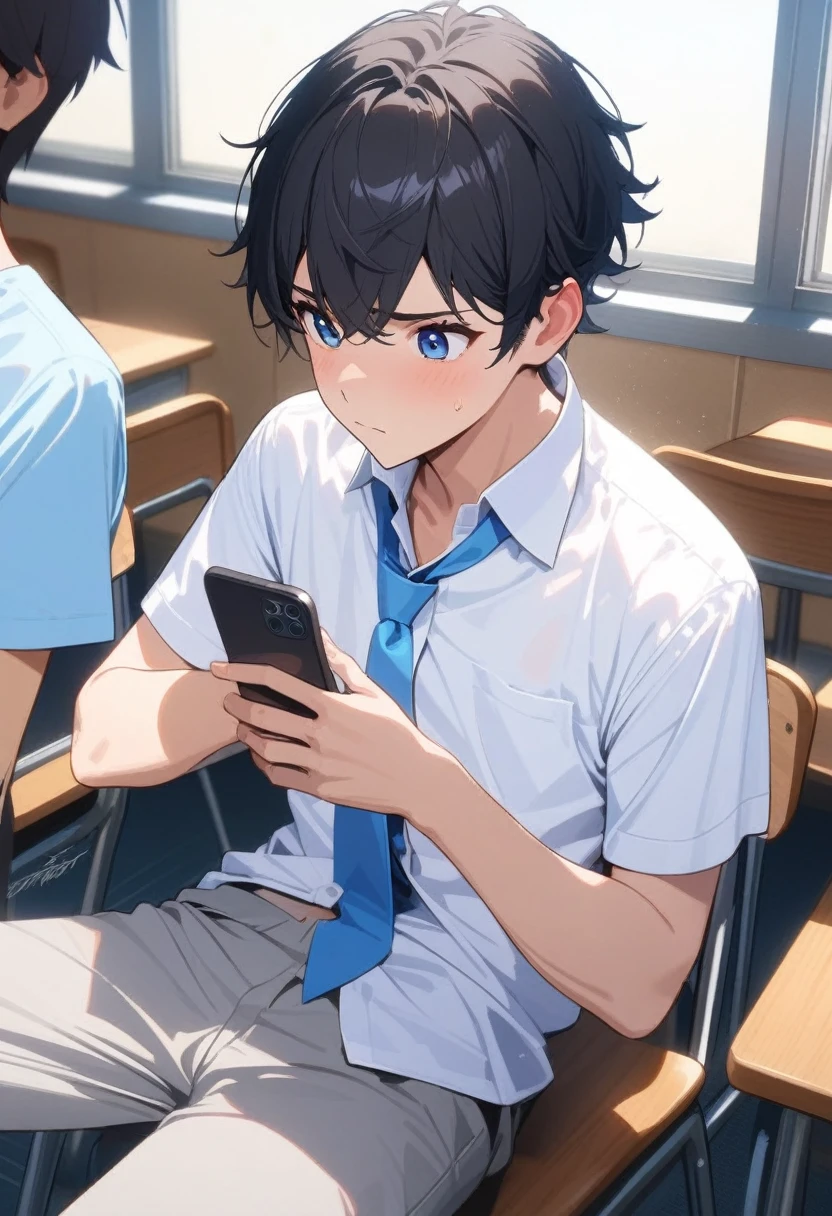 masterpiece, best quality, extremely detailed, ultra detailed, flat anime, 2D, ((1boy)),black hair, (short hair:1.5),blue eyes, height 1.7meters, (circle eyes:1.2), (young adult:1.2), Ear-length sideburns,height 1.7meters, bangs,(tareme), dircle face, kinky hair, (young adult:1.2), High School Uniforms, white shirt, blue tie, ((short sleeves)), ((long pants)), sitting, closed mouth, thinking, upper body, summer, classroom, 11AM,looking at his smart phone., Operating a smart phone, 