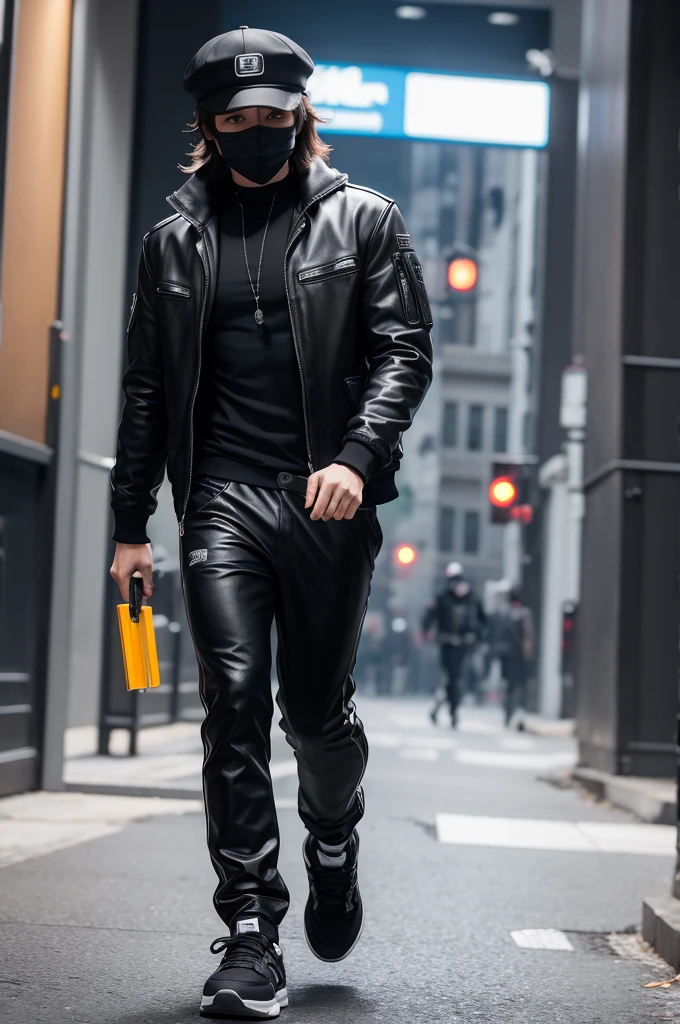 Free Fire character male black mask black cap futuristic chest white pants black sneakers with asul