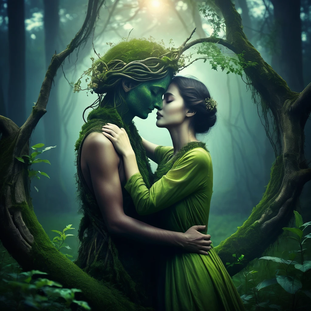 (no humans) Make a dreamy mysterious horror style image symbolizing the embracement of nature, embrace ancient living embrace life, symbols