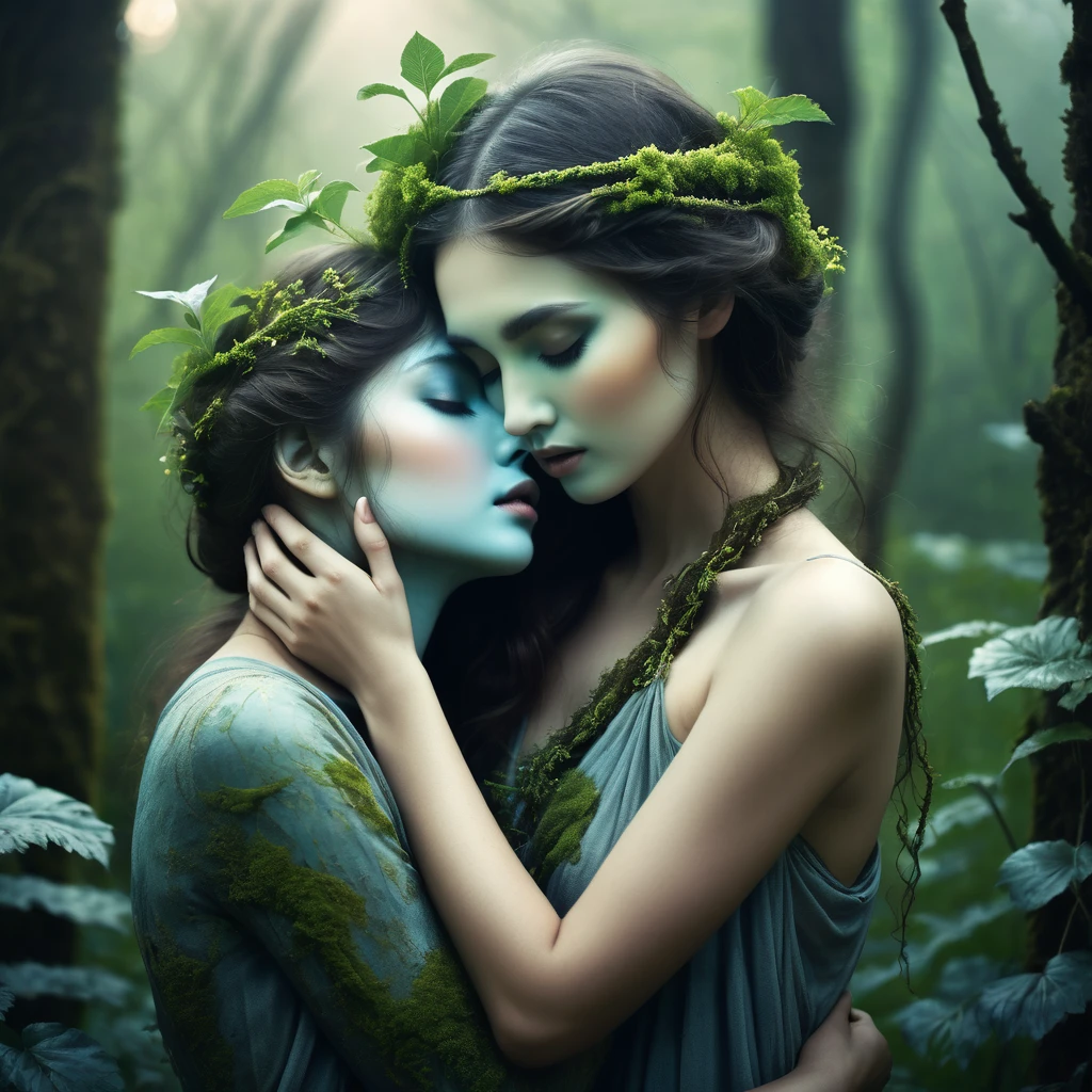 (no humans) Make a dreamy mysterious horror style image symbolizing the embracement of nature, embrace ancient living embrace life, symbols