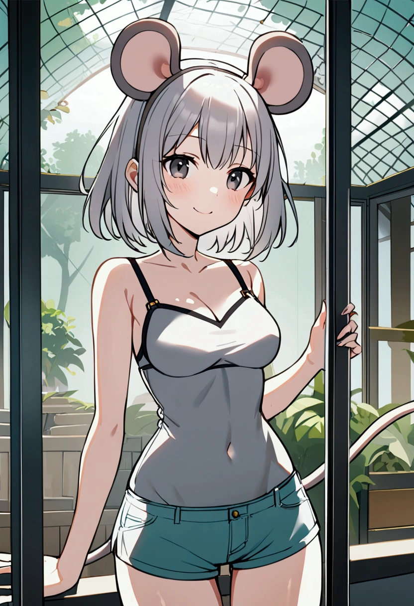 1girl with short grey hair, black eyes, slender body, medium breasts, natural mouse ears, natural mouse tail, smile, grey bra, short shorts,zoo aviary