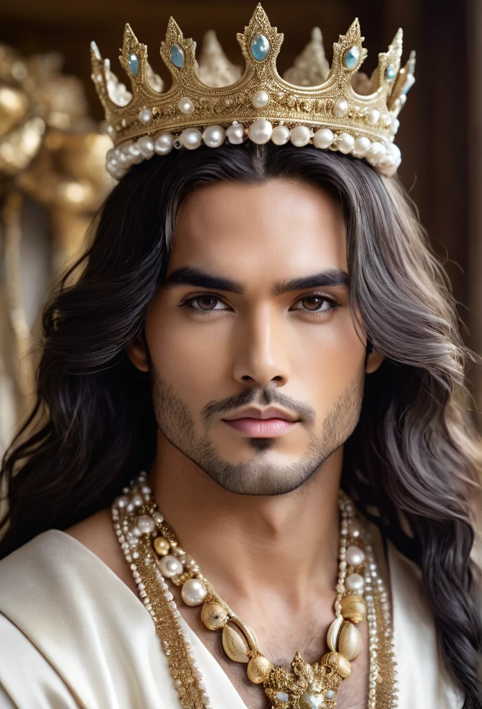 (((King Oxalá / GOD )))on a SKY a bright light, Sorceress, beautiful Man 16KPensativo, Cabelo branco, Fundo simples, Capuz, Barba, sorceress, (( oxalá UHD ))) With a beautiful crown of shells and pearls, volantes+ribbons+detailed in tone , It should look charming and beautiful, Keep the iconic elements of the original character. Male King GOD must have a sensual round face with large dimensions, clear eyes, long eyelashes and rosy cheeks. Your hair should be in great black tones . Elegant like a king : Vista-se Chibi em um luxuoso e elegante Bata detalhes standingrolas dourada . He wears a veil on the shore, The character&#39;s costume is a beautiful light blue lace dress. . standing, . Magic Accessories: Add charming accessories to the chibi, shell necklaces and earrings .Be sure to add shadows, textures and details in the hair, God accessories, to make you even more charming and charming. Give him a smiling expression and a smile on his face, Capturing the essence of the character in a subtle way, Delicate hands,( beach scenery, deep surrealistic landscape, king Oxalá and its mermaids )