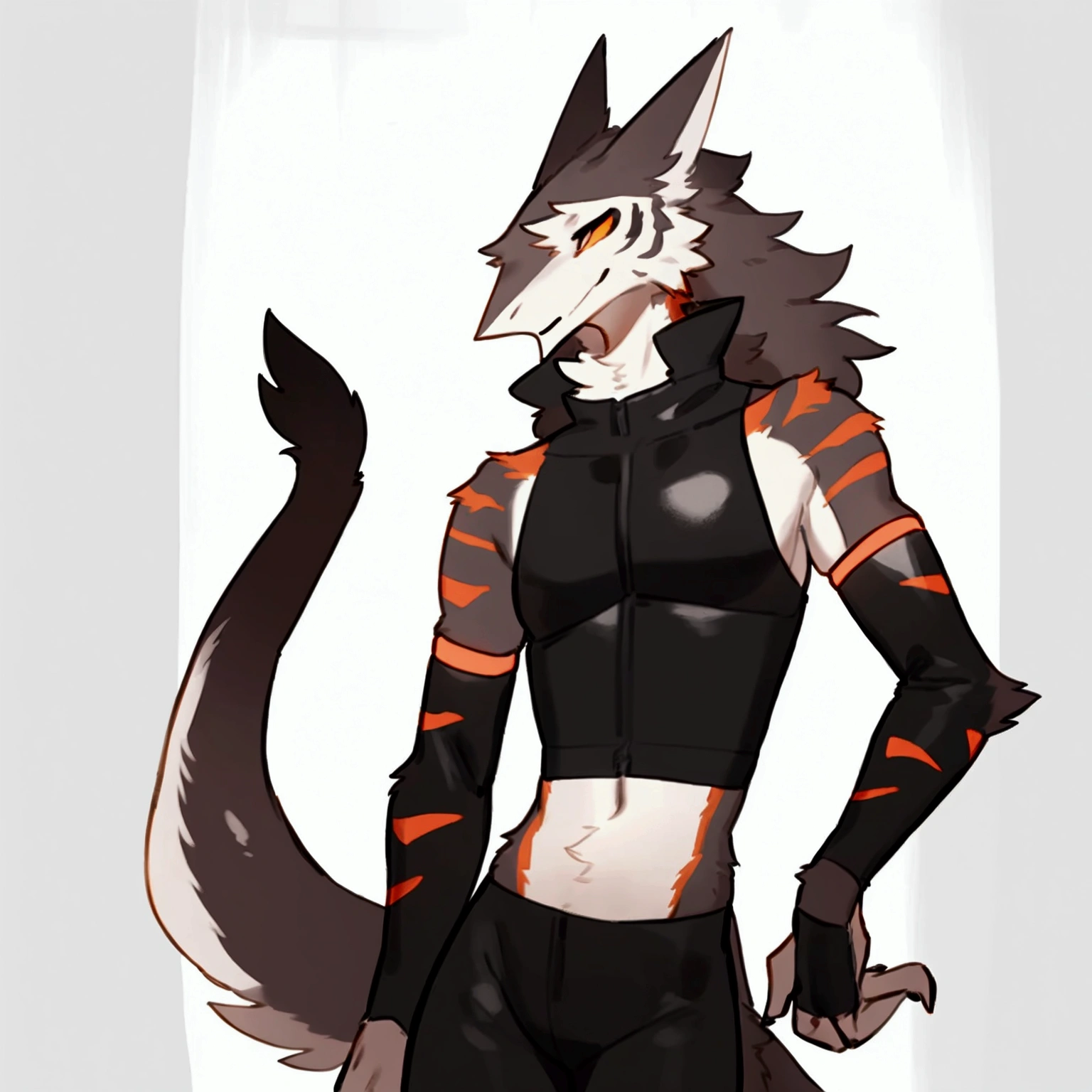 By bebebebebe, by spuydjeks, by buta99, by spikedmauler. an athletic male sergal with tigerstrip fur patterns wearing a cyberpunk outfit