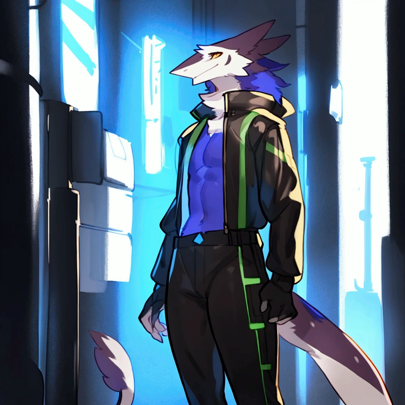 By bebebebebe, by spuydjeks, by buta99, by spikedmauler. an athletic male sergal with tigerstrip fur patterns wearing a cyberpunk outfit