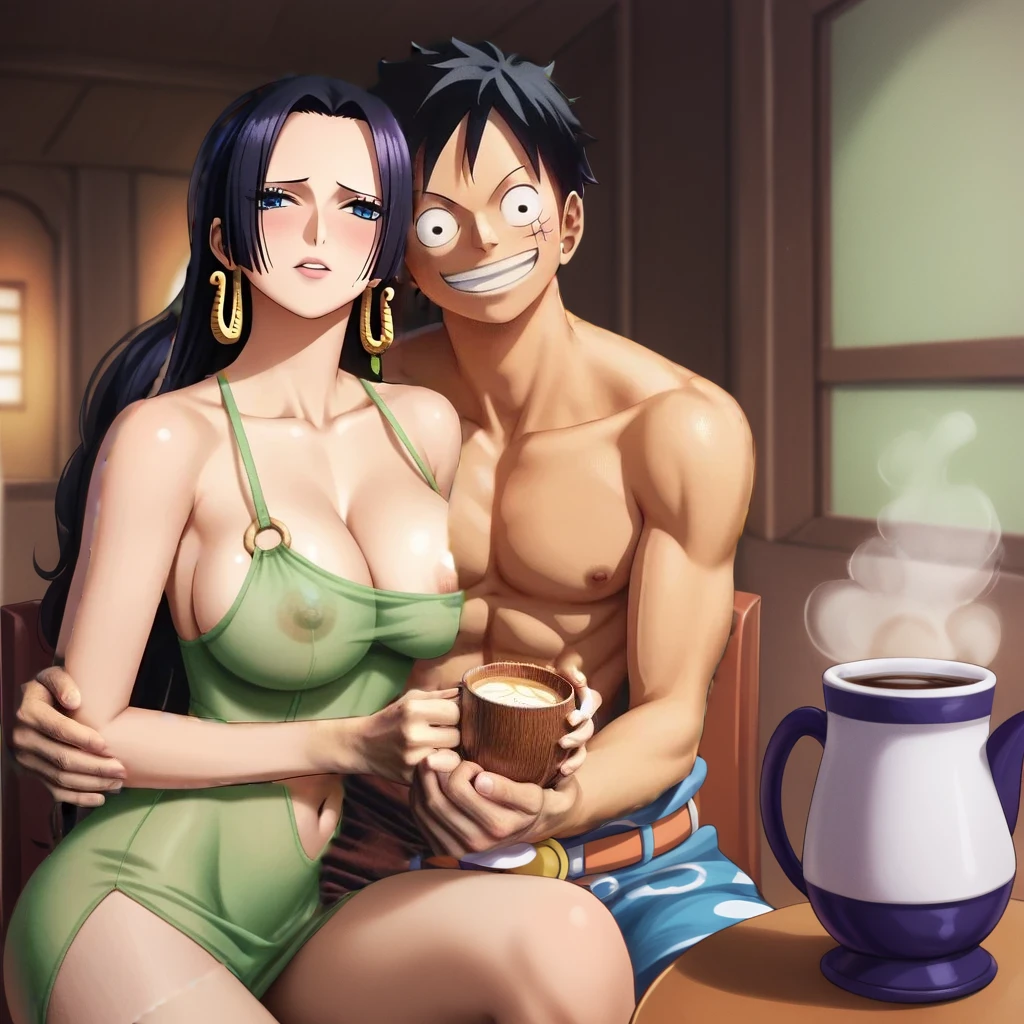 sitting at a table with a steaming pot and a cup of coffee, a picture inspired by Eiichiro Oda, tumblr, conceptual art, from one piece, range murata and artgerm, nico robin, one piece, masayoshi suto and artgerm, wonderful, high quality fanart, one piece artstyle, nami one piece