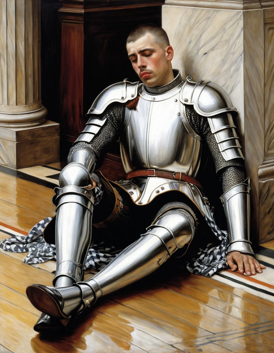 {Masterpiece, best quality, oil painting, male focus}, ((by James Tissot, John William Waterhouse, J. C. Leyendecker)), (((the portrait of a male knight, buzzcut, he is crying lying on the floor. He is tense, bored, sad, frustrated, blushing, sullen)))