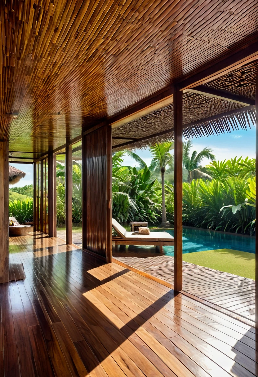 
Interior architecture in Brazilian tropical style. Internal corridor covered in Tamarind wood, with retractable glass roof. The floor is rustic Moledo Laguna Branca. This hallway overlooks the garden, with well-trimmed grass, lots of palm trees around, open sky, a large square swimming pool, light brown sun loungers, brise soleil wooden sliding door, sea breeze, sand.