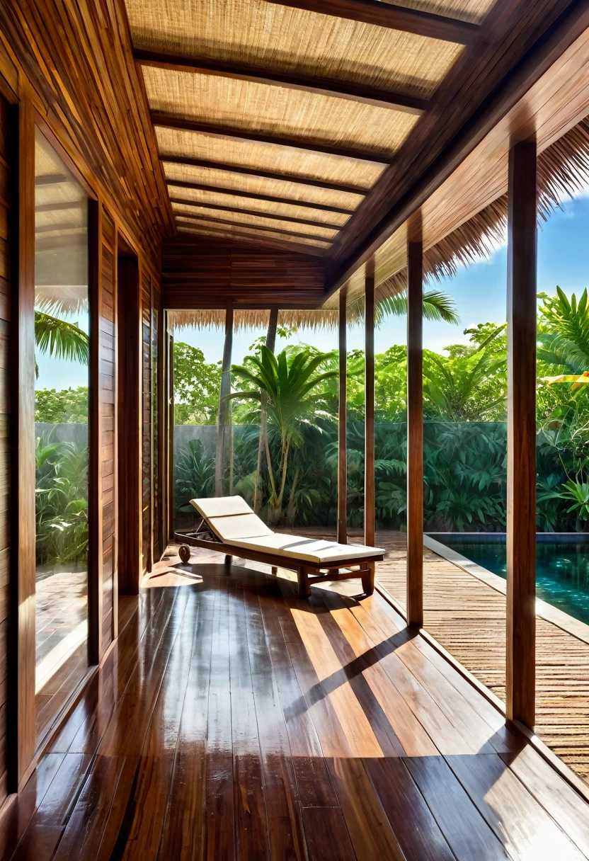 
Interior architecture in Brazilian tropical style. Internal corridor covered in Tamarind wood, with retractable glass roof. The floor is rustic Moledo Laguna Branca. This hallway overlooks the garden, with well-trimmed grass, lots of palm trees around, open sky, a large square swimming pool, light brown sun loungers, brise soleil wooden sliding door, sea breeze, sand.