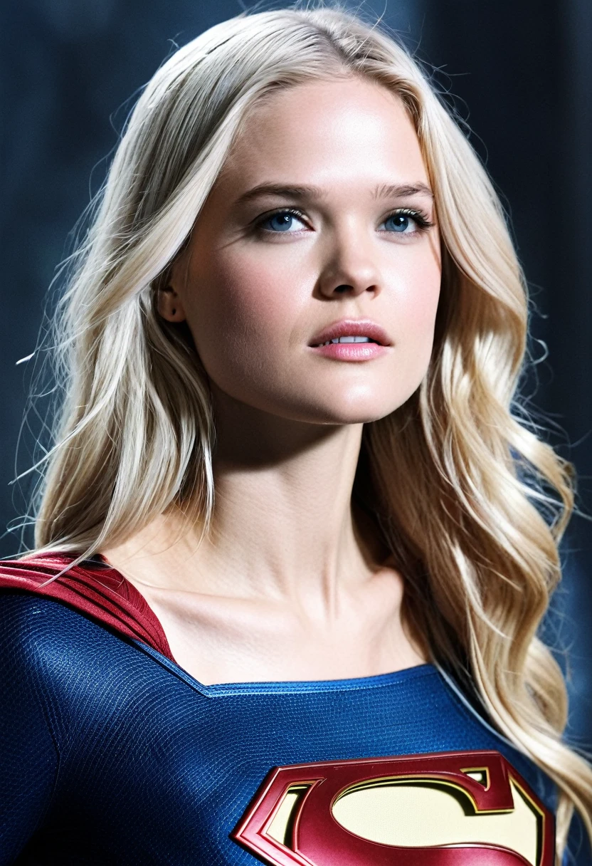 Very close up.a (((Supergirl))),(((Gabriella Wilde))),(((Con a parte de su cabeza rapada))),under the mantle of the Kryptonian Kara Zor-The alias Supergirl,(((Front images))),(((Splash color images))),(((Traje Man Of Steel Movie))),(((long blonde hair))),(((Con a parte de su cabeza rapada)))