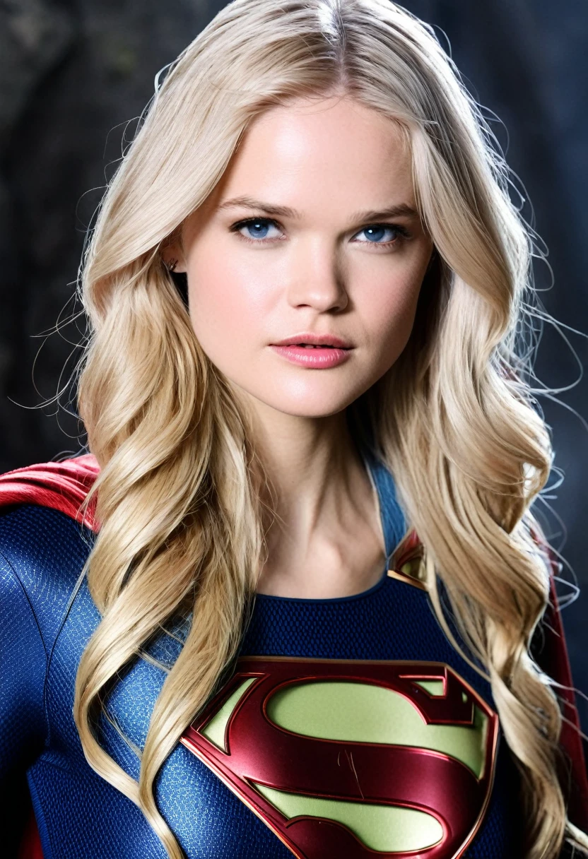Very close up.a (((Supergirl))),(((Gabriella Wilde))),(((Con a parte de su cabeza rapada))),under the mantle of the Kryptonian Kara Zor-The alias Supergirl,(((Front images))),(((Splash color images))),(((Traje Man Of Steel Movie))),(((long blonde hair))),(((Con a parte de su cabeza rapada)))