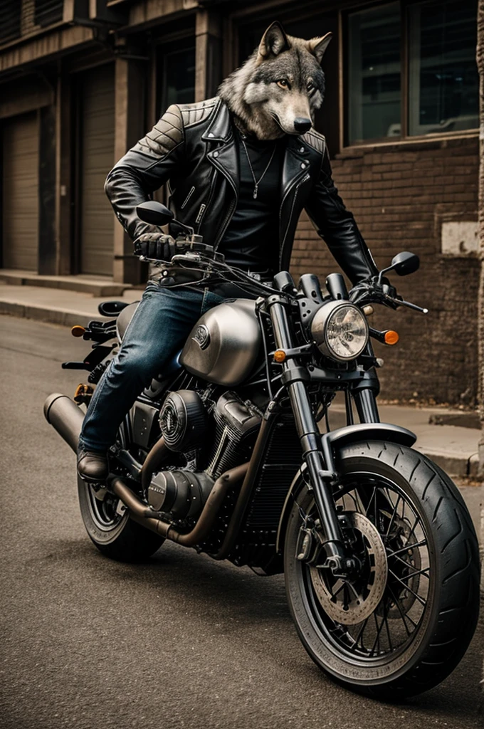 A muscular wolf character on a motorcycle and leather jacket