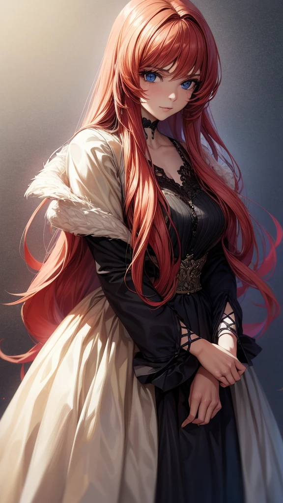 a picture of a woman standing with long blond hair posing over her shoulder, 1girl, long hair, solo, realistic, dress, red hair, blue eyes,