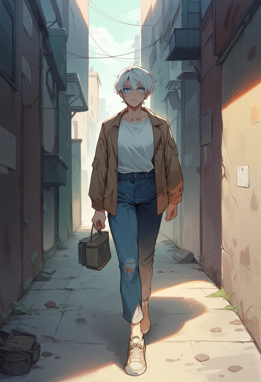 An ugly and fat dirty beggar in a dirty city alley and a clean girl with white hair and sexy blue eyes walking in front of him