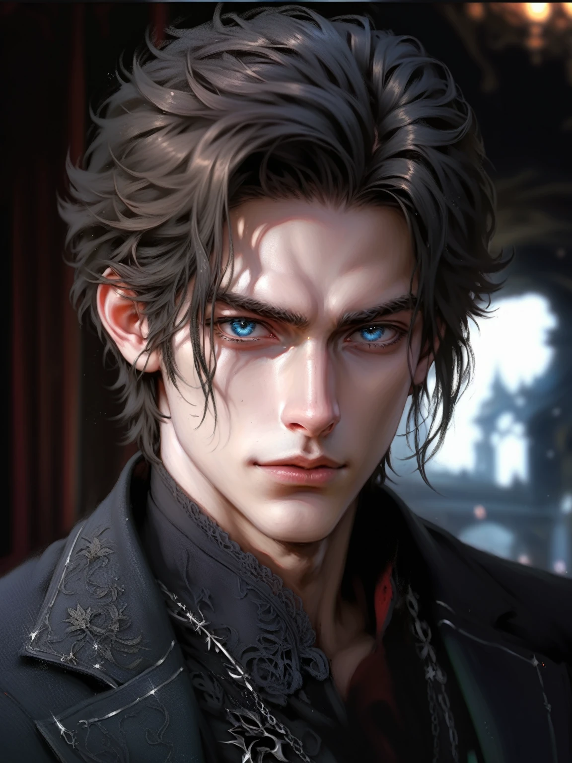 absurdities, High resolution, ultra detailed, HdR, masterpiece, Extremely detailed face and eyes, semi long black hair, disheveled, bushy eyebrows, serious, expressive blue eyes, detailed eyes, LOOKING AT THE SPECTATOR, 1 man, elegant, black magic shit, masculine, sorcery clothing, dark aura background, background skulls, Complete plan