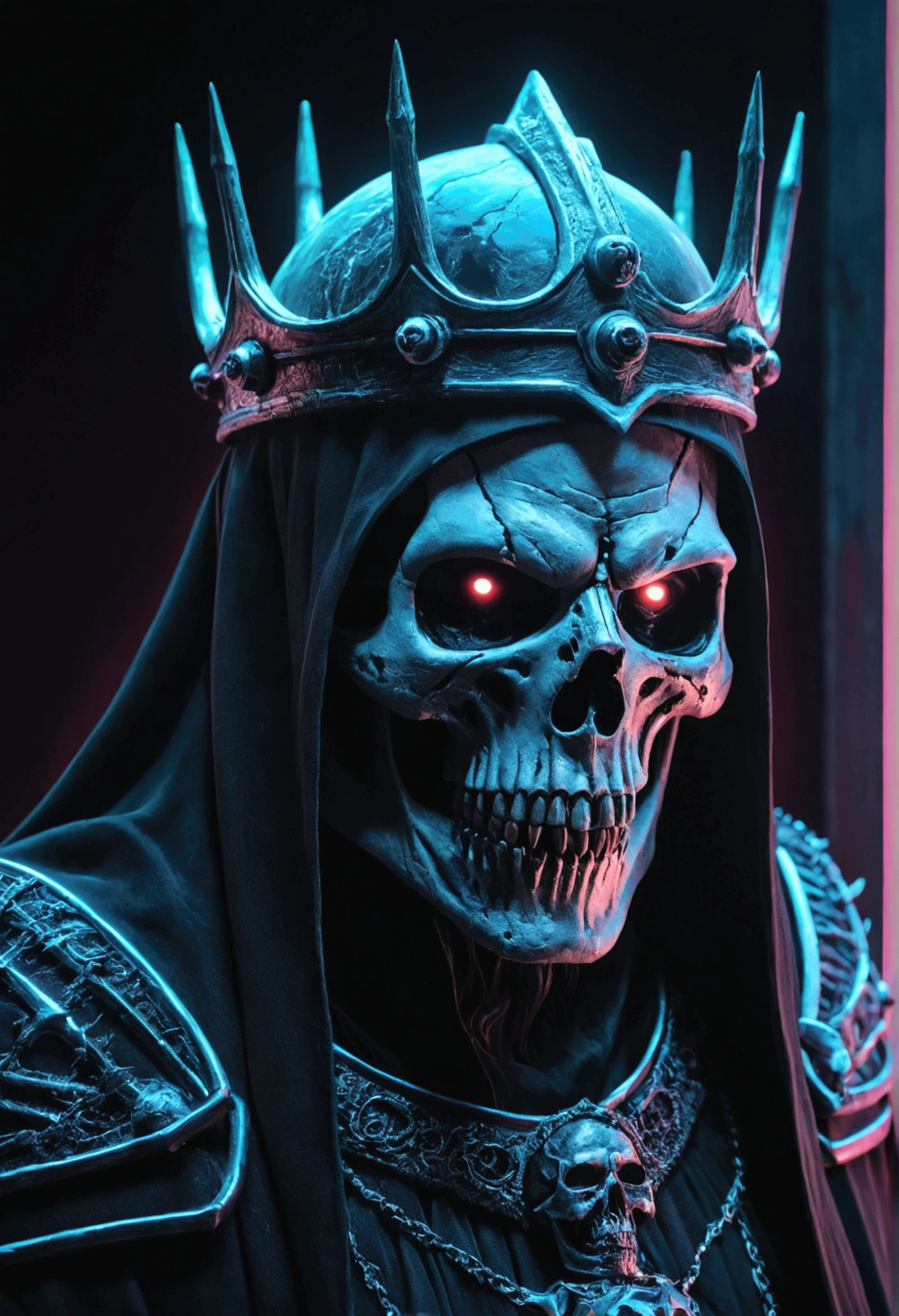 A death king, looks scary and terrifying, powerfull, In a land of death, black neon lights, high quality, high detail, 8k