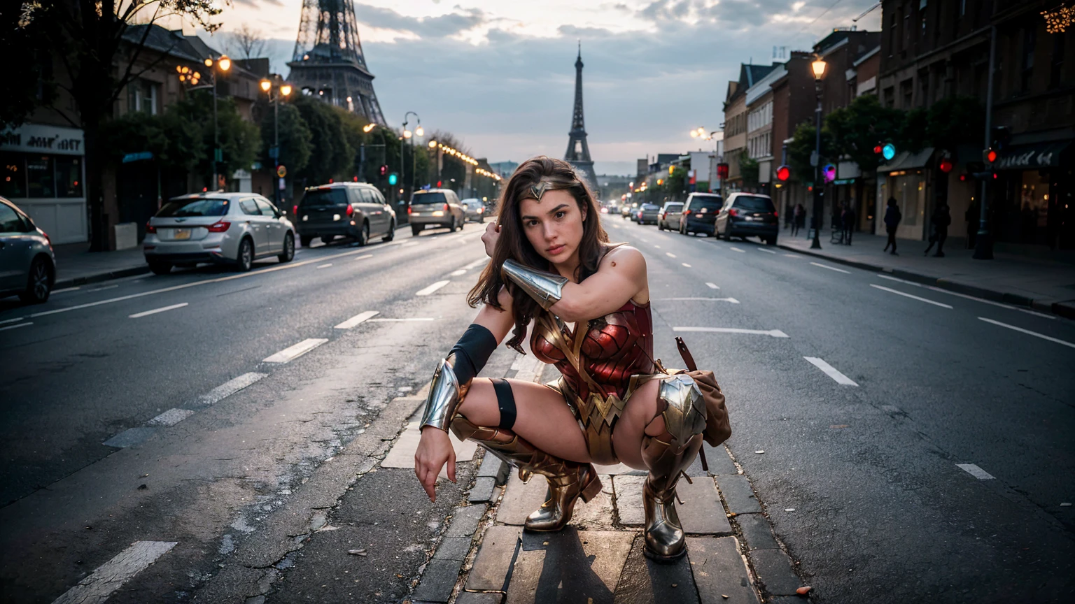 ((masterpiece), (solo character), (photorealistic:1.4), ),(best quality), (epiCRealLife), (g4lg), (wonder woman bra top), (g4lg show abs), (g4lg show cleavages), (Gal Godot in wonder woman costume), (lora:epiCFlashPhoto),(flashphoto), (flash photography) (look at viewers), (outdoor), (Eifel Tower), (night time), (city night lights), (street view), (sitting on bench), (squatting poses)