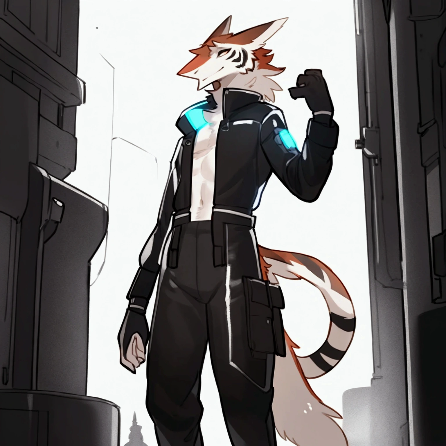 By bebebebebe, by spuydjeks, by buta99, by spikedmauler. an athletic male sergal with tigerstrip fur patterns wearing a cyberpunk outfit