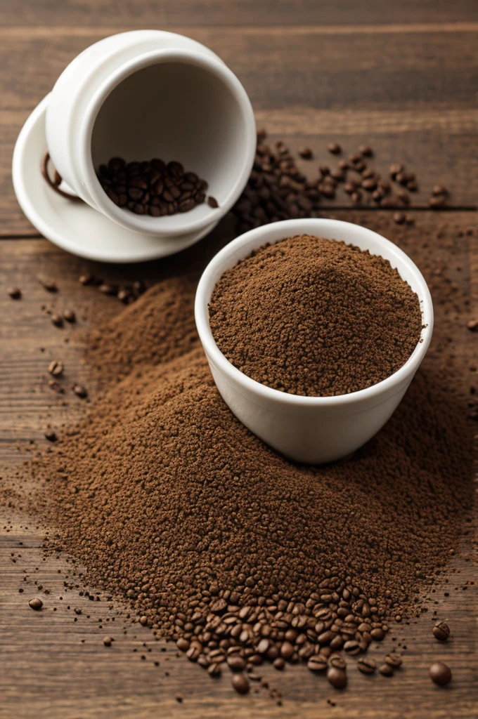 Ground coffee cup and coffee seeds
